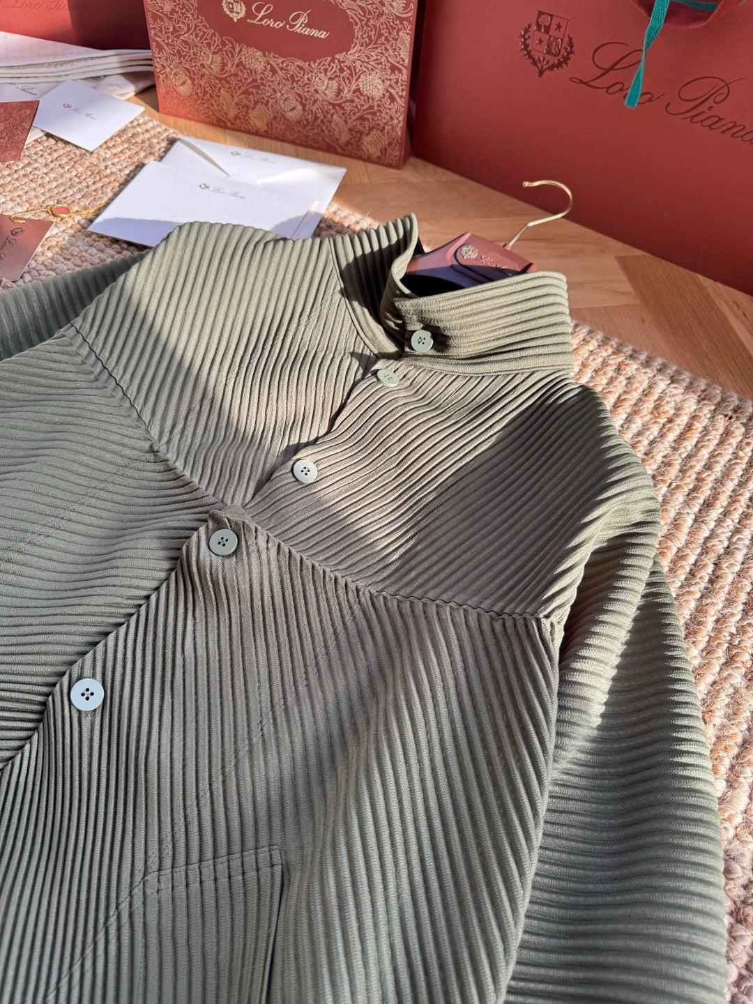Issey Miyake Men's And Women's Spring/Fall Fashion Casual Solid Color Single Button Long Sleeve Striped Stand Up Collar Pleated Jacket #78833