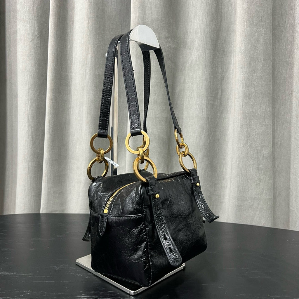 Prada Dangle Women's Black Letter Print Zipper Closure Cowhide Leather Mini Shoulder Bag Bags #75499