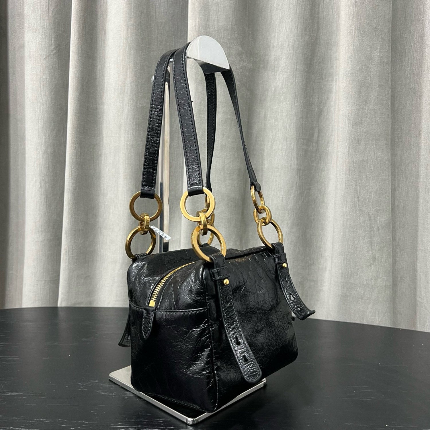 Prada Dangle Women's Black Letter Print Zipper Closure Cowhide Leather Mini Shoulder Bag Bags #75499