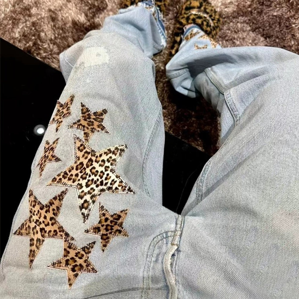 Chrome Hearts Men's Women's Spring/summer Leopard Pentagram Tannin Denim Metal Button Casual Straight Leg Pants Ngvp #7875