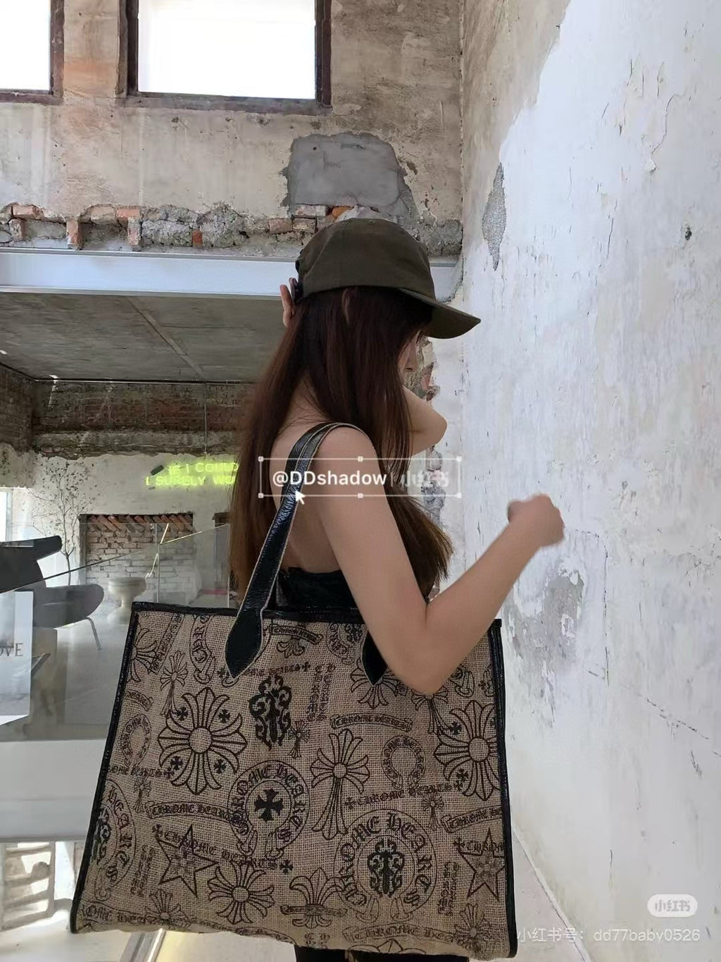 Chrome Hearts Women's All-Over Pattern Printed Straw and Leather Shopping Bag Tote Bags Handbag #77937