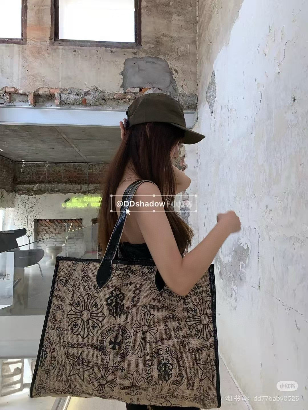 Chrome Hearts Women's All-Over Pattern Printed Straw and Leather Shopping Bag Tote Bags Handbag #77937
