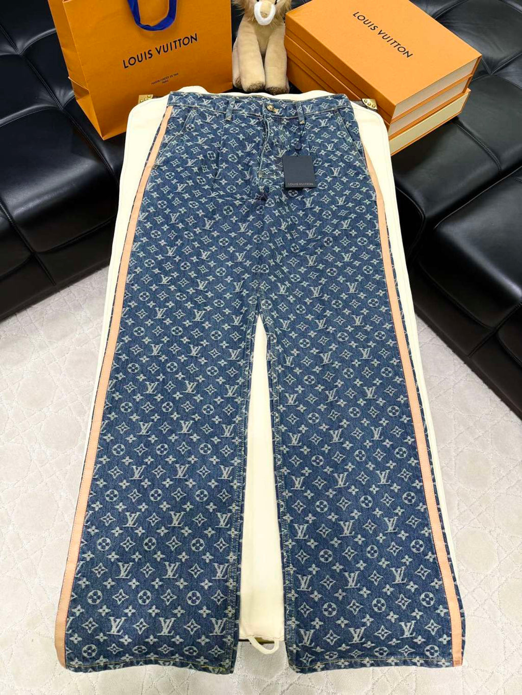 Louis Vuitton Men's Spring and Autumn Blue Cotton Monogrammed Full Print Jeans Pants #74415