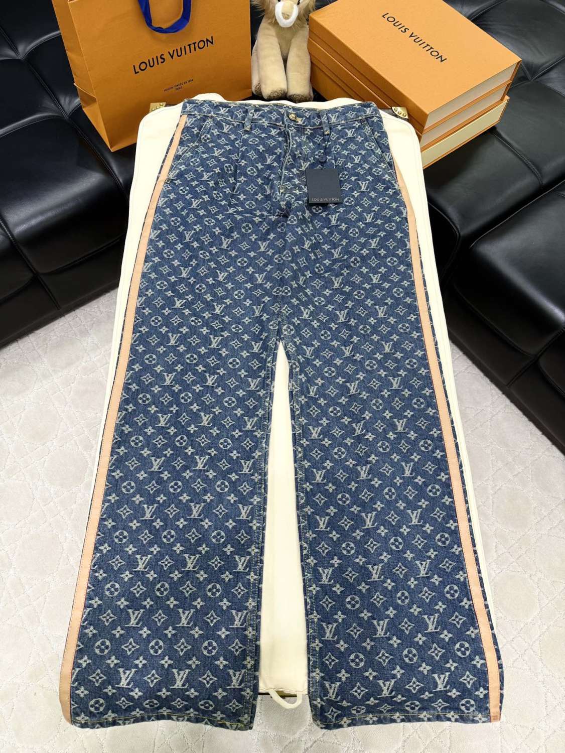 Louis Vuitton Men's Spring and Autumn Blue Cotton Monogrammed Full Print Jeans Pants #74415