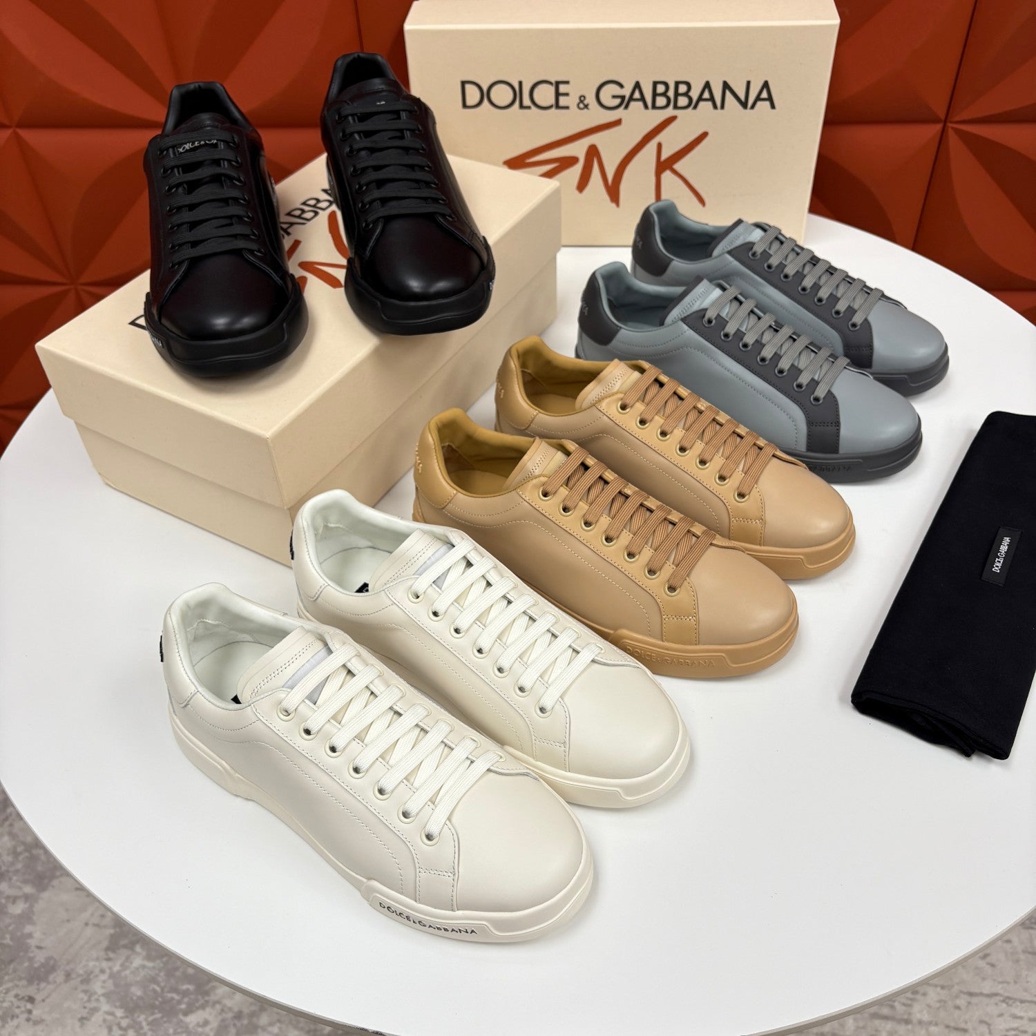 Dolce&Gabbana Men's And Women's Spring/Fall Fashion Casual Round Toe Lace Up Solid Color Leather Printed Rubber Sole Sneakers Shoes #78728