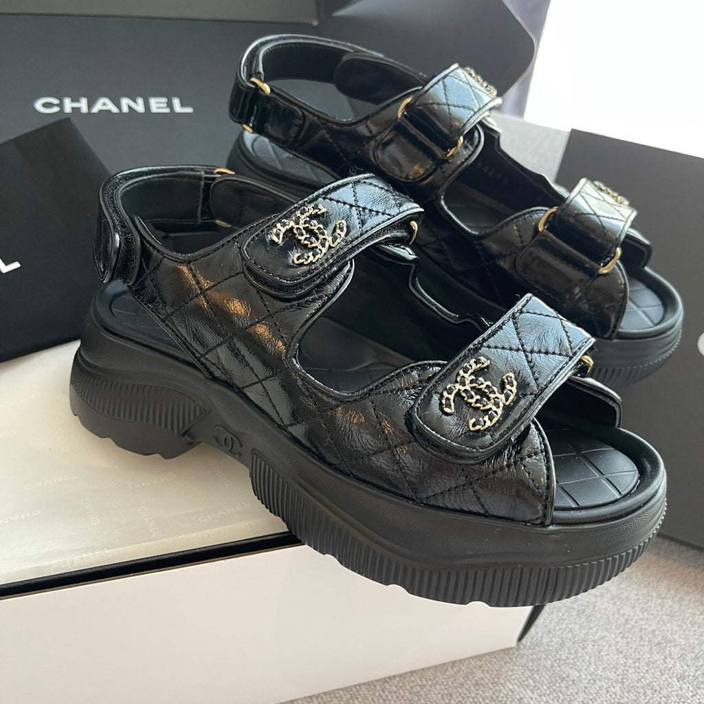 Chanel Sandals Shiny Calfskin Black White #376185