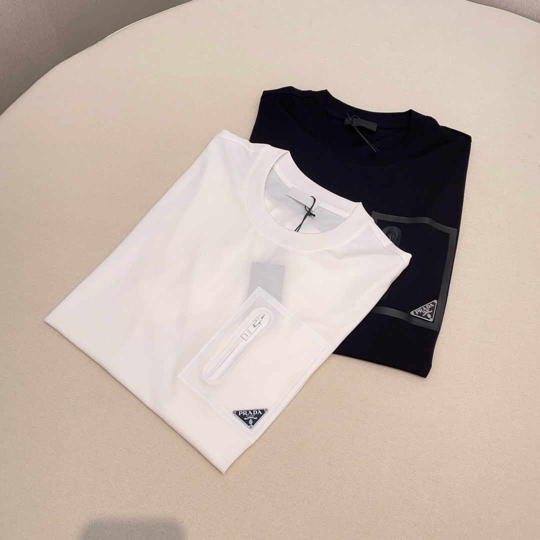 Prada Men's And Women's Summer Solid Color Zipper Pocket Round Neck Cotton Short Sleeve T-shirt #72155