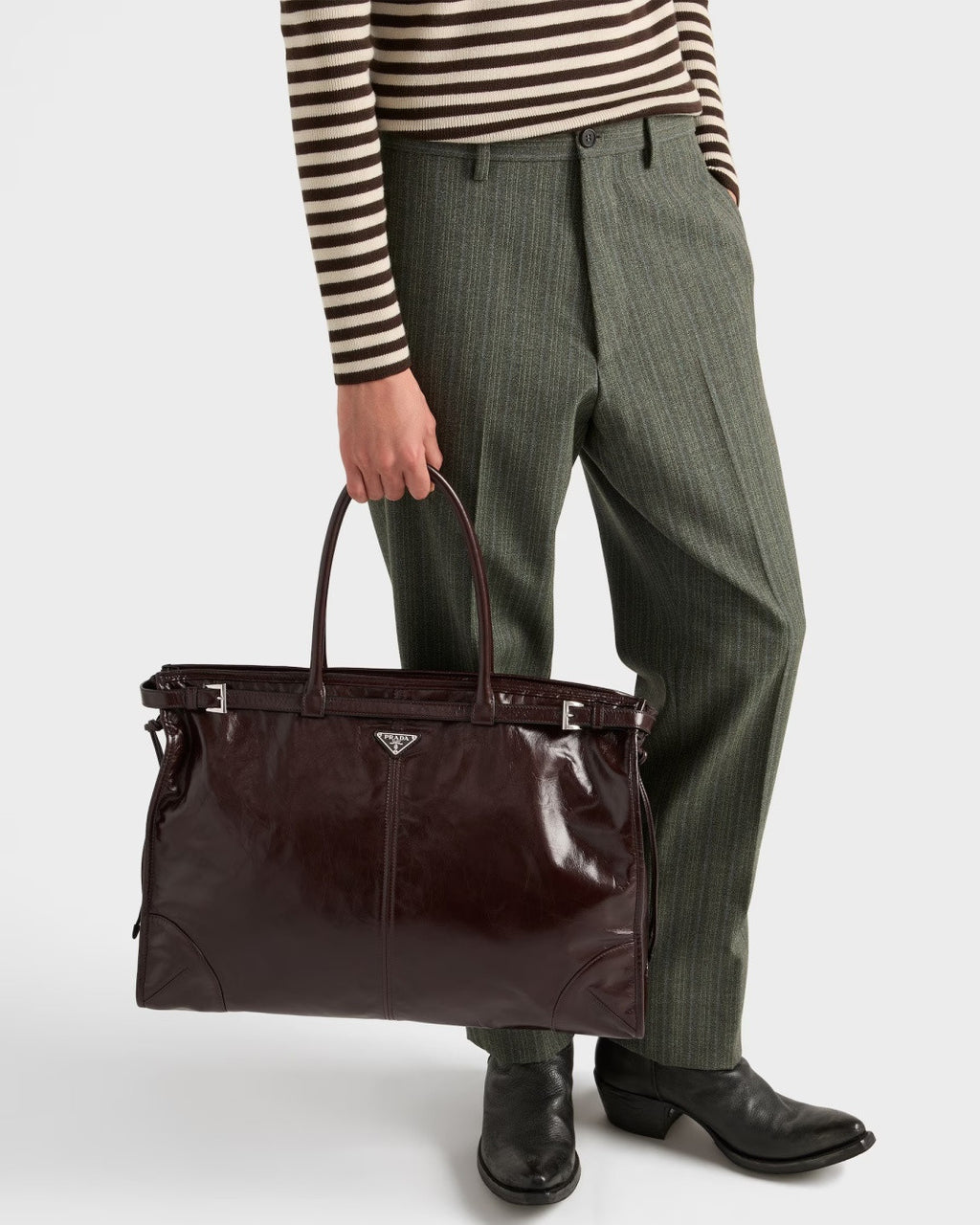 Prada Men's Bonnie Cowhide Tote Bag Suede Tote Bag Handbag Fashionable Belt Buckle Large Bags #84126A