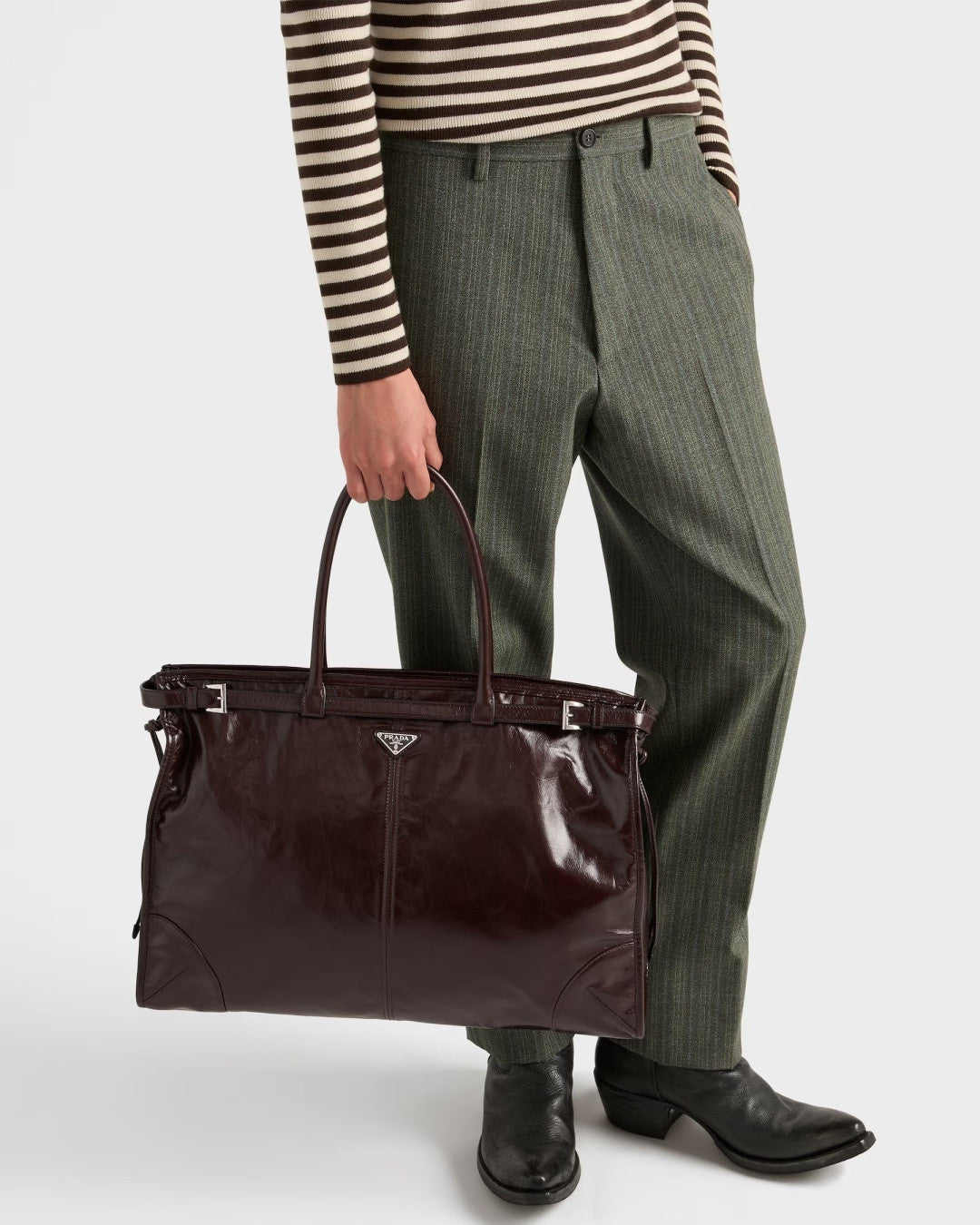 Prada Men's Bonnie Cowhide Tote Bag Suede Tote Bag Handbag Fashionable Belt Buckle Large Bags #84126A