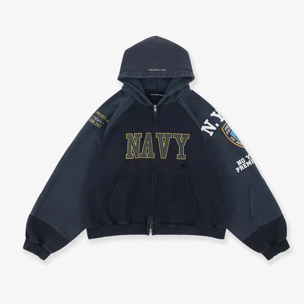 GRAILZ Men's Women's Autumn And Winter Letter Printed Cotton Solid Color Zipper Doing Old Loose Hooded Sweatshirt Ngvp #1911