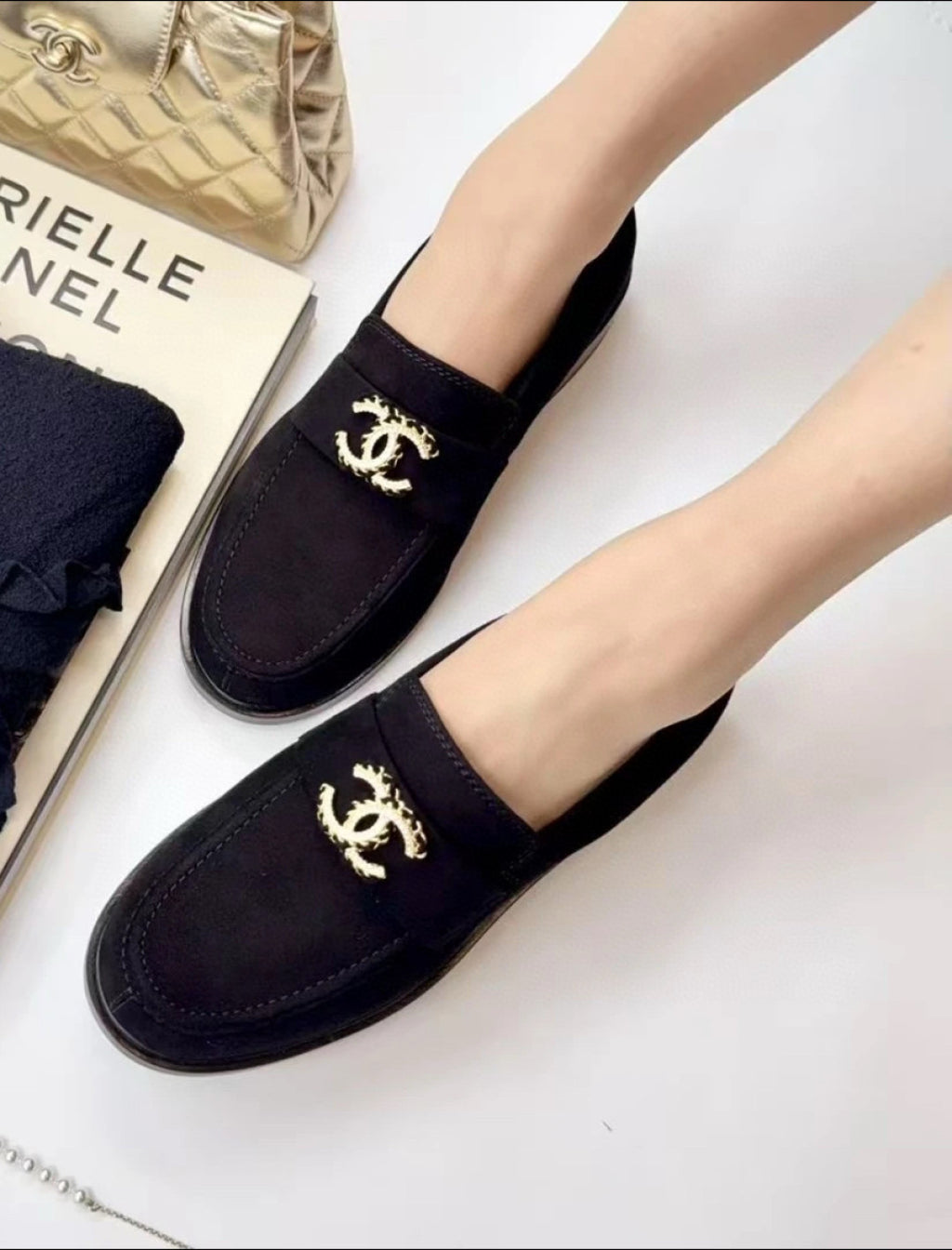 Chanel Women's Fall/Winter Fashion Casual Round Toe Slip On Flat Low Top Retro Stud Buckle Suede Loafers Shoes #78865