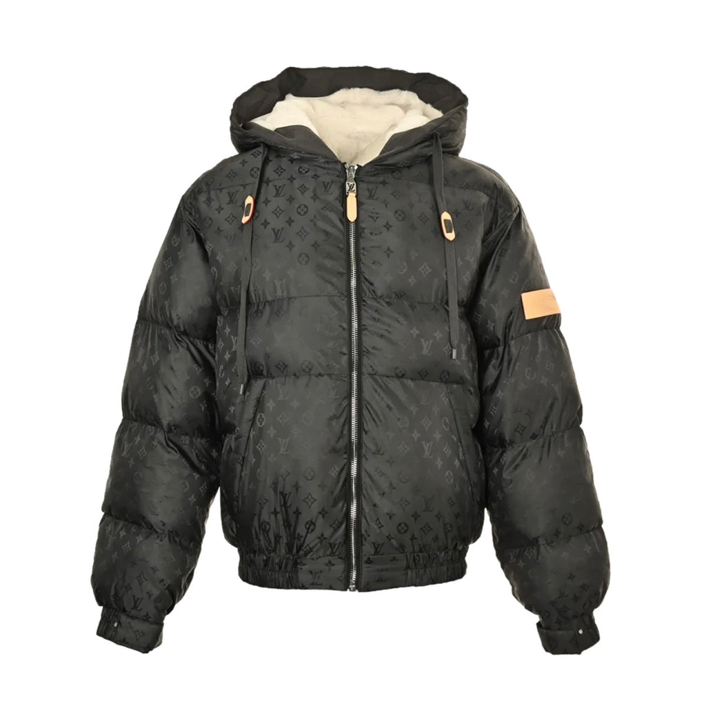 Louis Vuitton Men's Fall and Winter Letter Logo Print Drawstring Hooded Plush Lined Cotton Jacket #75554