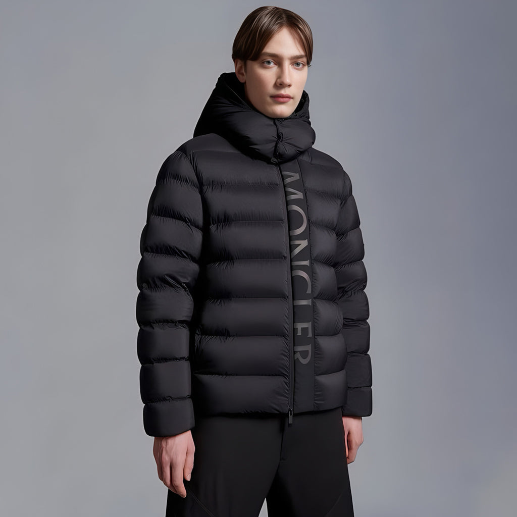Moncler Men's Winter Black Letters Logo Print Zipper Hooded Short Puffer Down Long Sleeve Jacket #73745