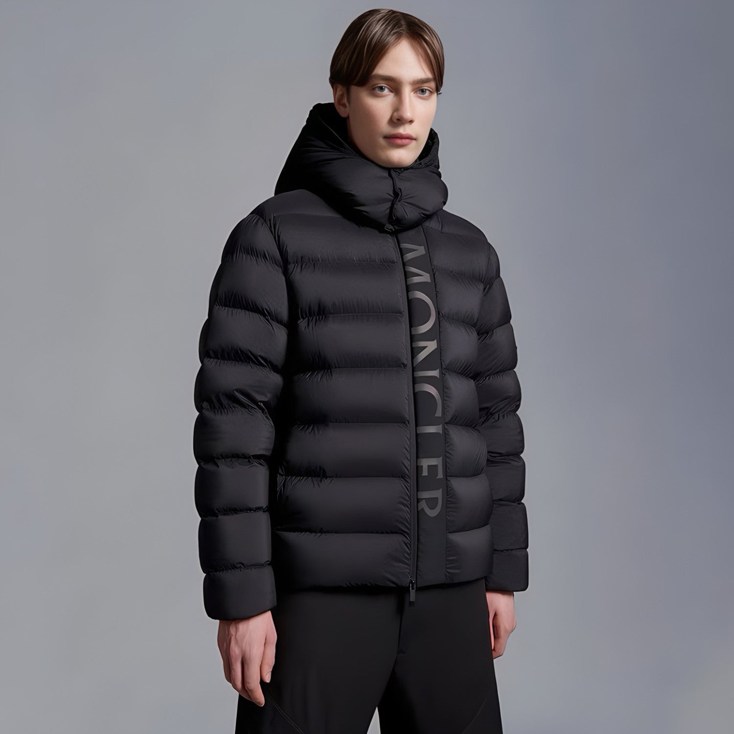 Moncler Men's Winter Black Letters Logo Print Zipper Hooded Short Puffer Down Long Sleeve Jacket #73745