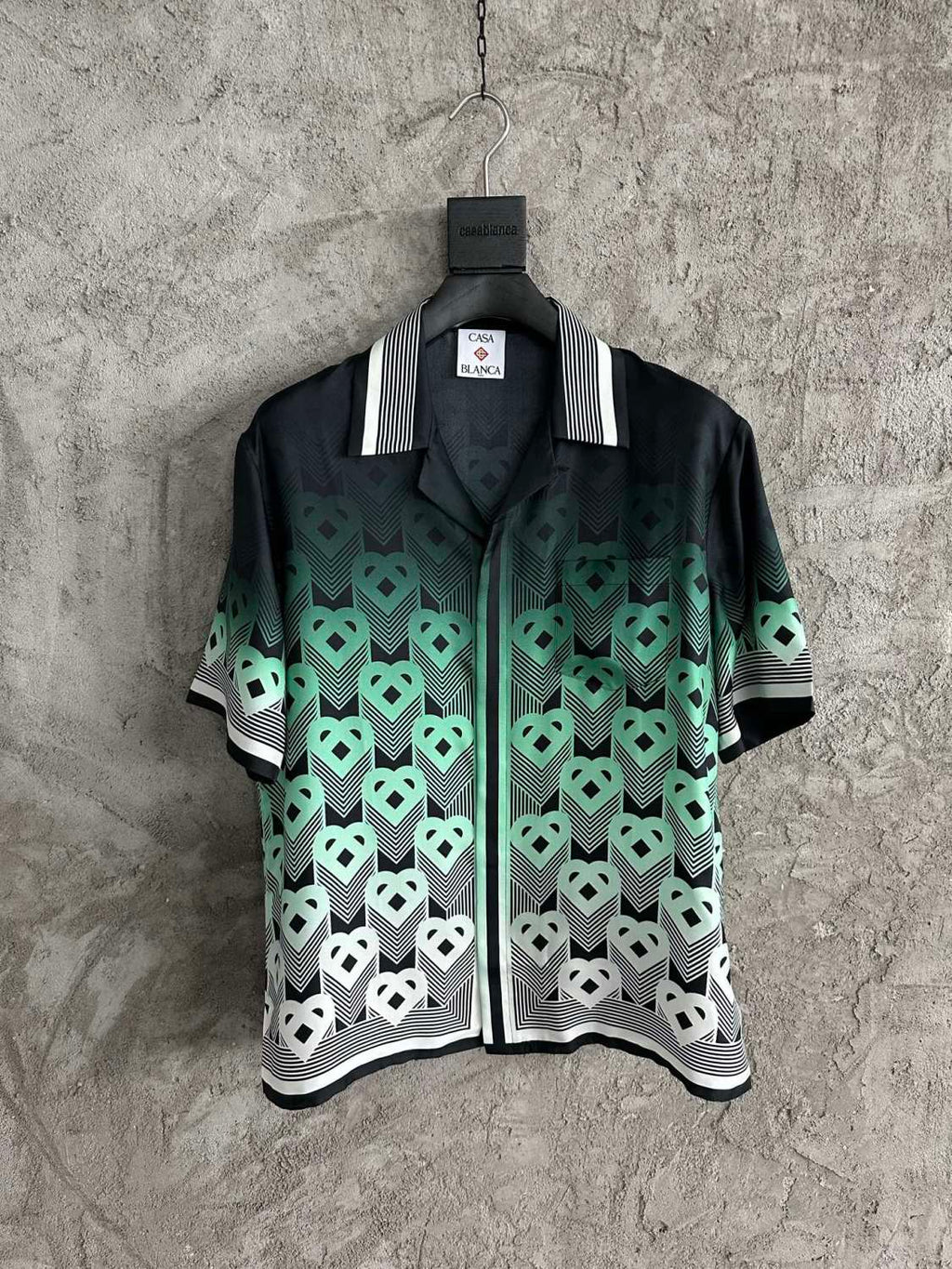 Casablanca Men's Summer Fashion Casual Heart Pattern Silk Button Down Short Sleeve Shirt with Elastic Drawstring Silk Shorts Suit Set #78592
