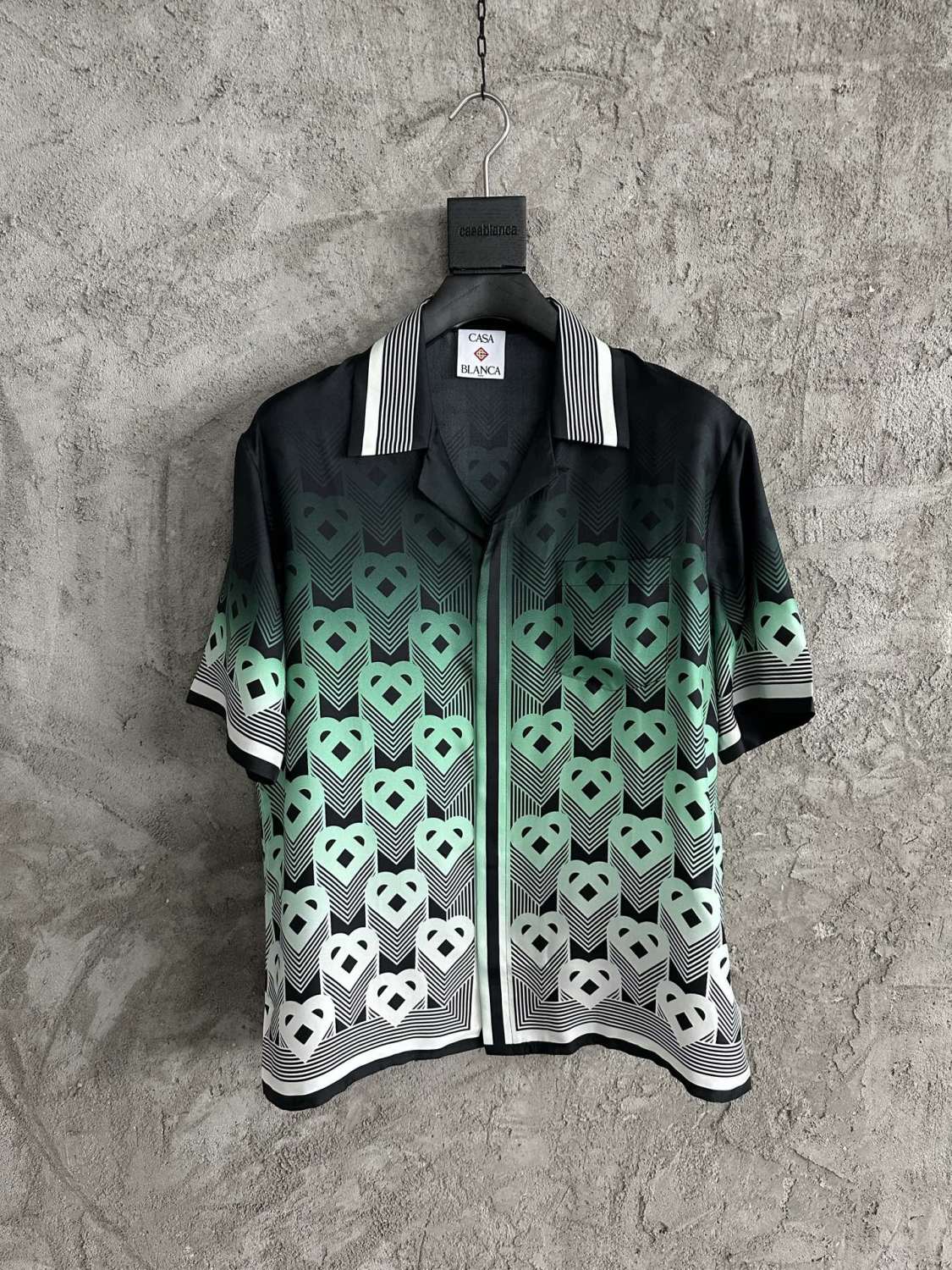 Casablanca Men's Summer Fashion Casual Heart Pattern Silk Button Down Short Sleeve Shirt with Elastic Drawstring Silk Shorts Suit Set #78592