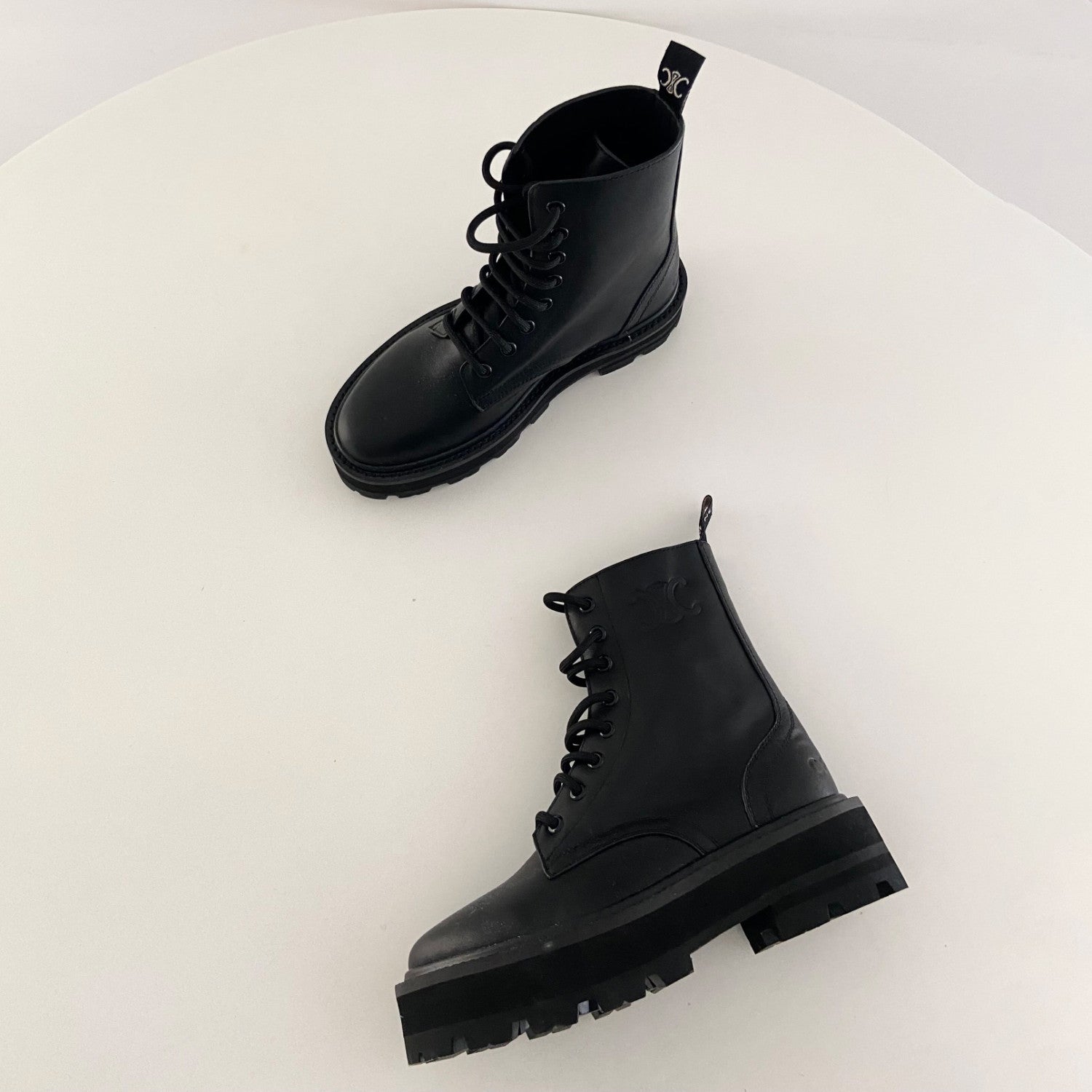 Celine Bulky Women's Solid Color Comfortable Leather Thick Sole Lace-Up Mid-Length Boots Shoes #73715
