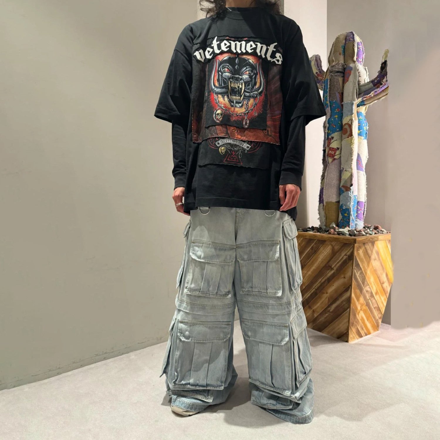 Vetements Men's Women's Cotton Washed Denim Trousers Zipper Multi-pocket Fitted Wide Leg Work Pants Ngvp #8232