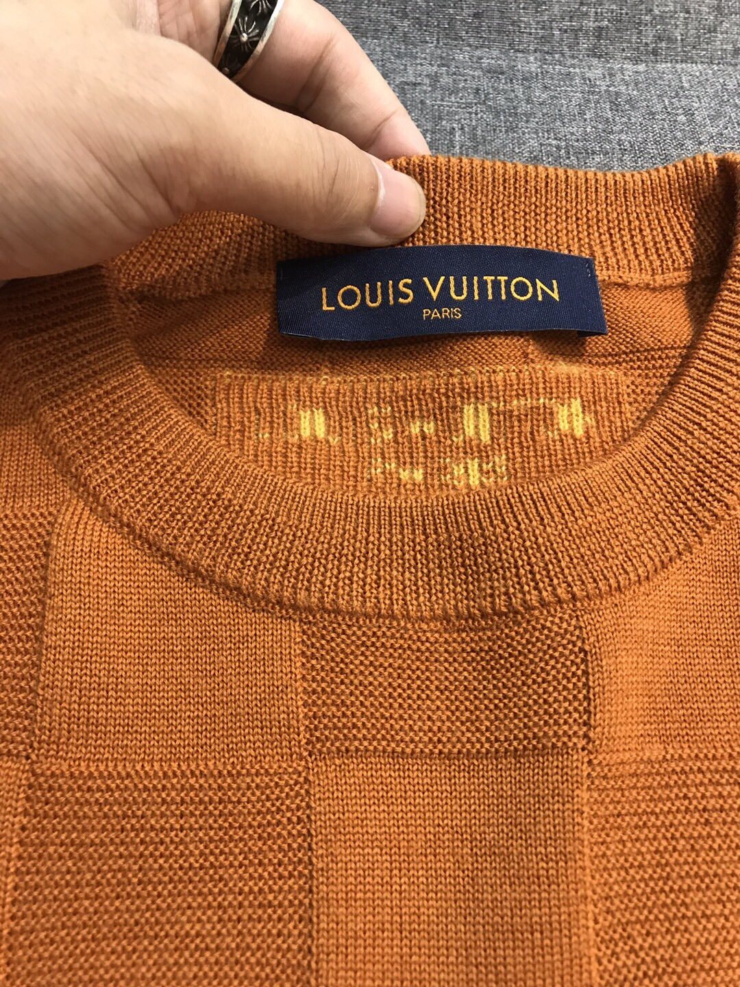 Louis Vuitton Men's Spring and Autumn Solid Color Check Printed Wool Round Neck Long Sleeve Knitted Sweater #74211