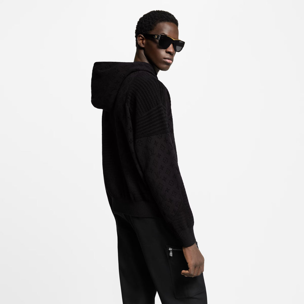 Louis Vuitton Men's Spring and Autumn Black Knitted Jacquard Patchwork Pullover Hoodie Monogram Velvet Stripe Long Sleeve Hooded Sweatshirt  #76342