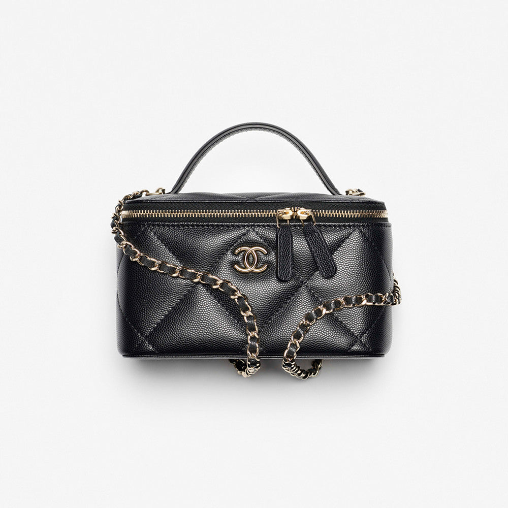 Chanel Long Vanity With Chain Grained Shiny Calfskin Gold Tone Metal Black #332777