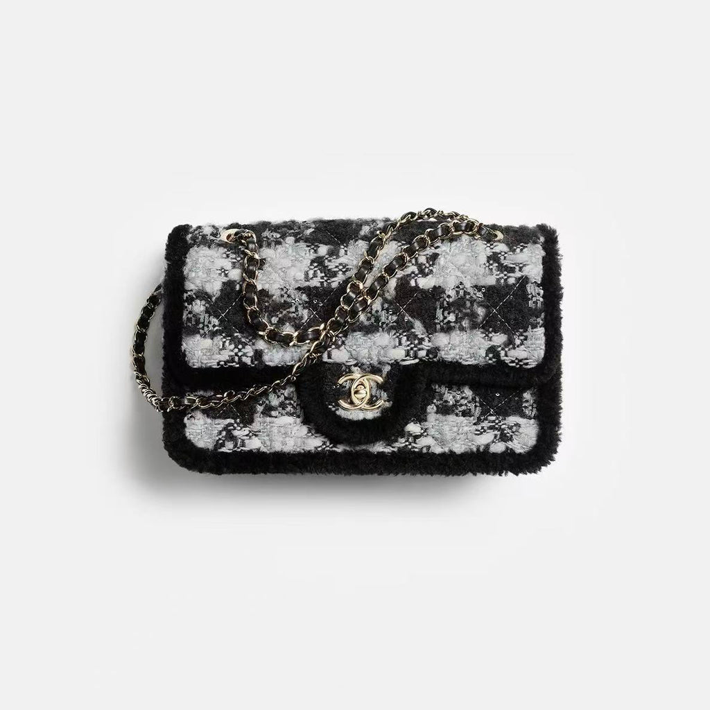 Chanel Large Flap Bag Tweed Shearling Lambskin #333980