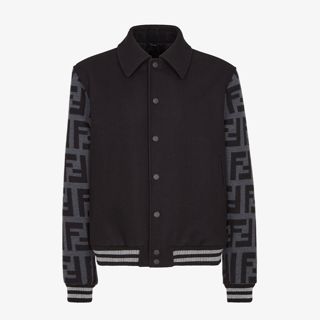 Fendi Men's Autumn/Winter Turn-Down Collar Single-Breasted Printed Long-Sleeved Baseball Jacket Black Wool Pilot Jacket #81496