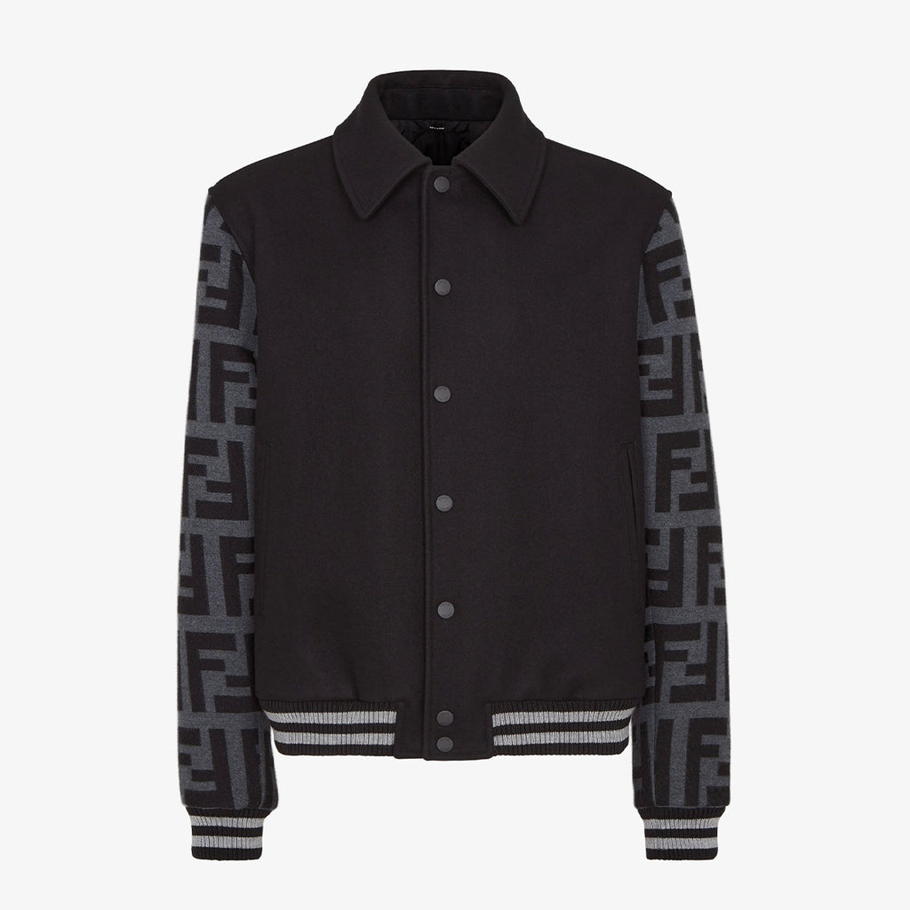 Fendi Men's Autumn/Winter Turn-Down Collar Single-Breasted Printed Long-Sleeved Baseball Jacket Black Wool Pilot Jacket #81496