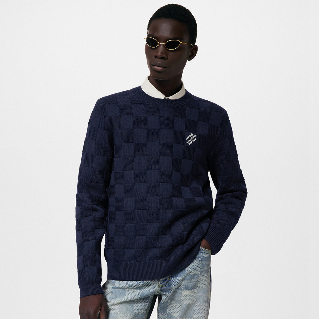 Louis Vuitton Men's Spring and Autumn Letter Embroidery Blue Crew Neck Casual Pullover Wool Sweater #98436