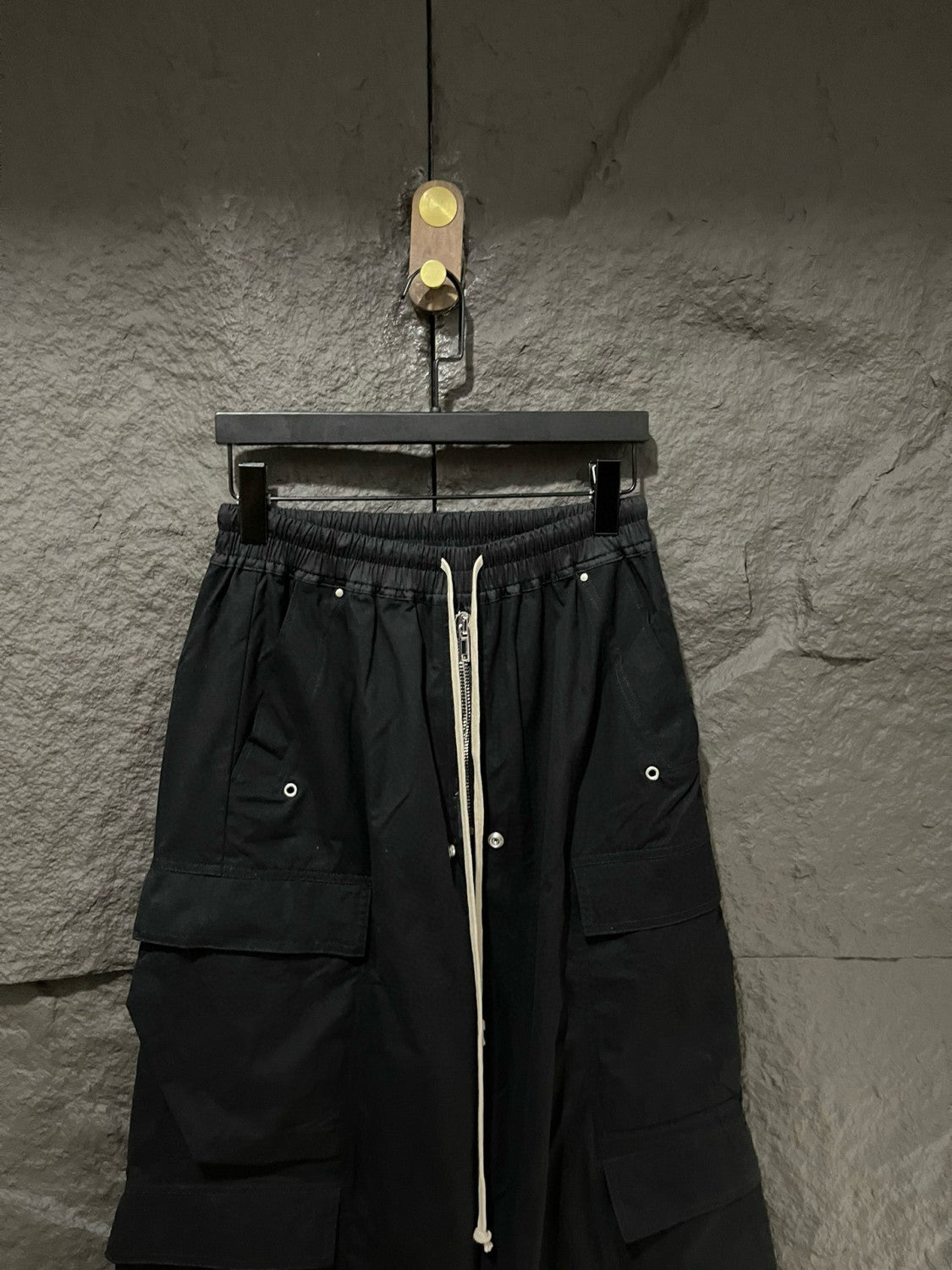 Rick Owens Men's Spring & Fall Black Multi-Pocket Drawstring Zipper Wide Leg Flared Pants #76955