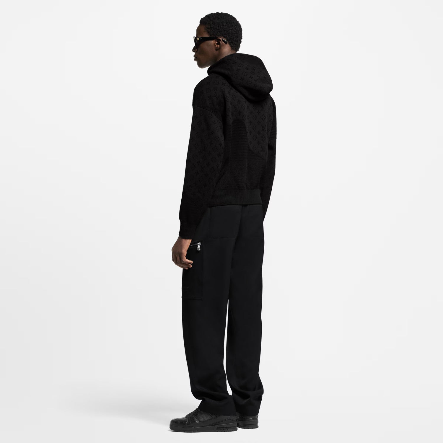 Louis Vuitton Men's Spring and Autumn Black Knitted Jacquard Patchwork Pullover Hoodie Monogram Velvet Stripe Long Sleeve Hooded Sweatshirt  #76342
