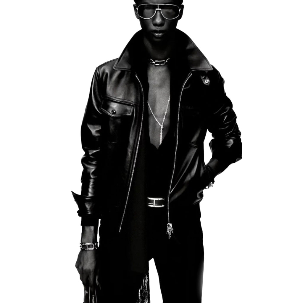 Tom Ford Men's Fall/Winter Fashion Casual Solid Color Collared Zipper Leather Motorcycle Jacket #79165