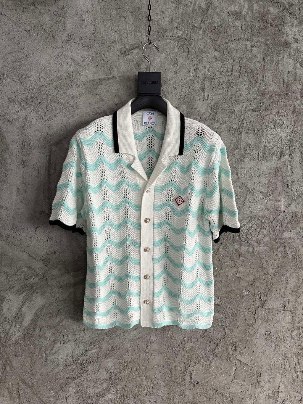 Casablanca Men's Summer Fashion Casual Knit Arch Wave Pattern Woven Pure Cotton Single Breasted Collar Shirt Waist Elastic Short Pants Suit Set #78349
