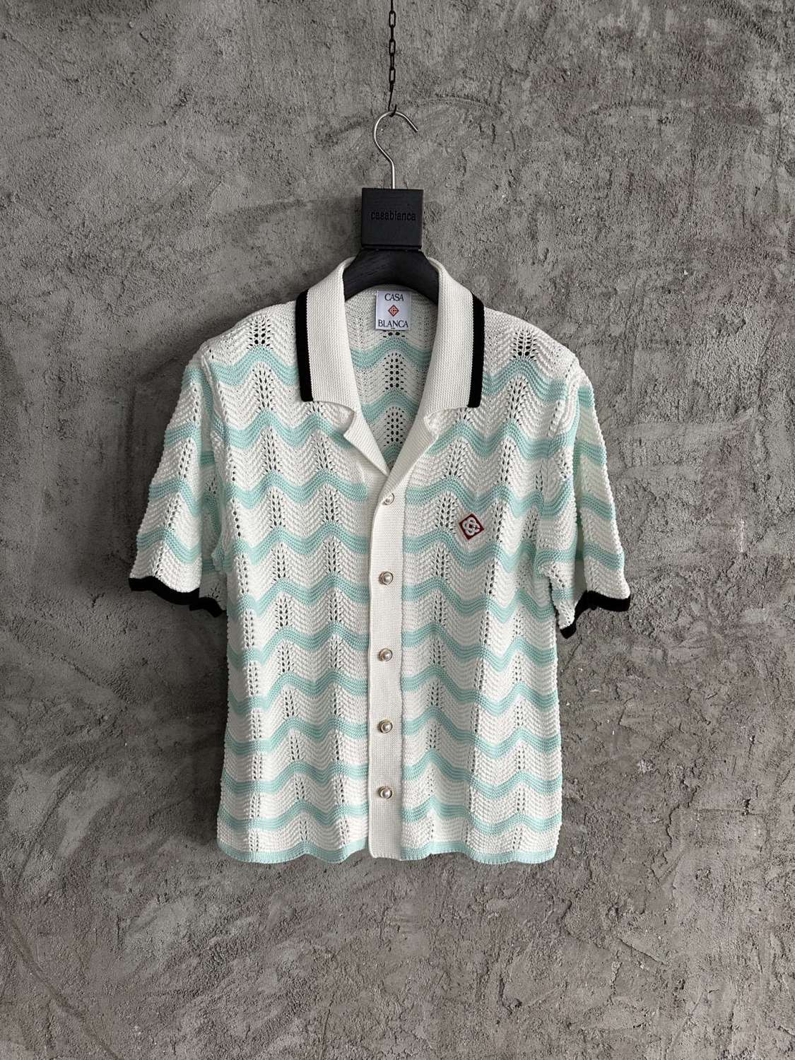 Casablanca Men's Summer Fashion Casual Knit Arch Wave Pattern Woven Pure Cotton Single Breasted Collar Shirt Waist Elastic Short Pants Suit Set #78349