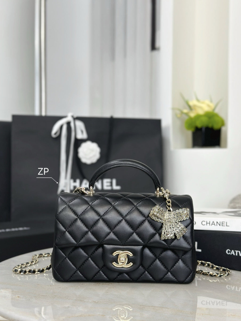 Chanel Mini Classic Handbag With Top Handle Lambskin Diamanté & Gold Metal Black #381896