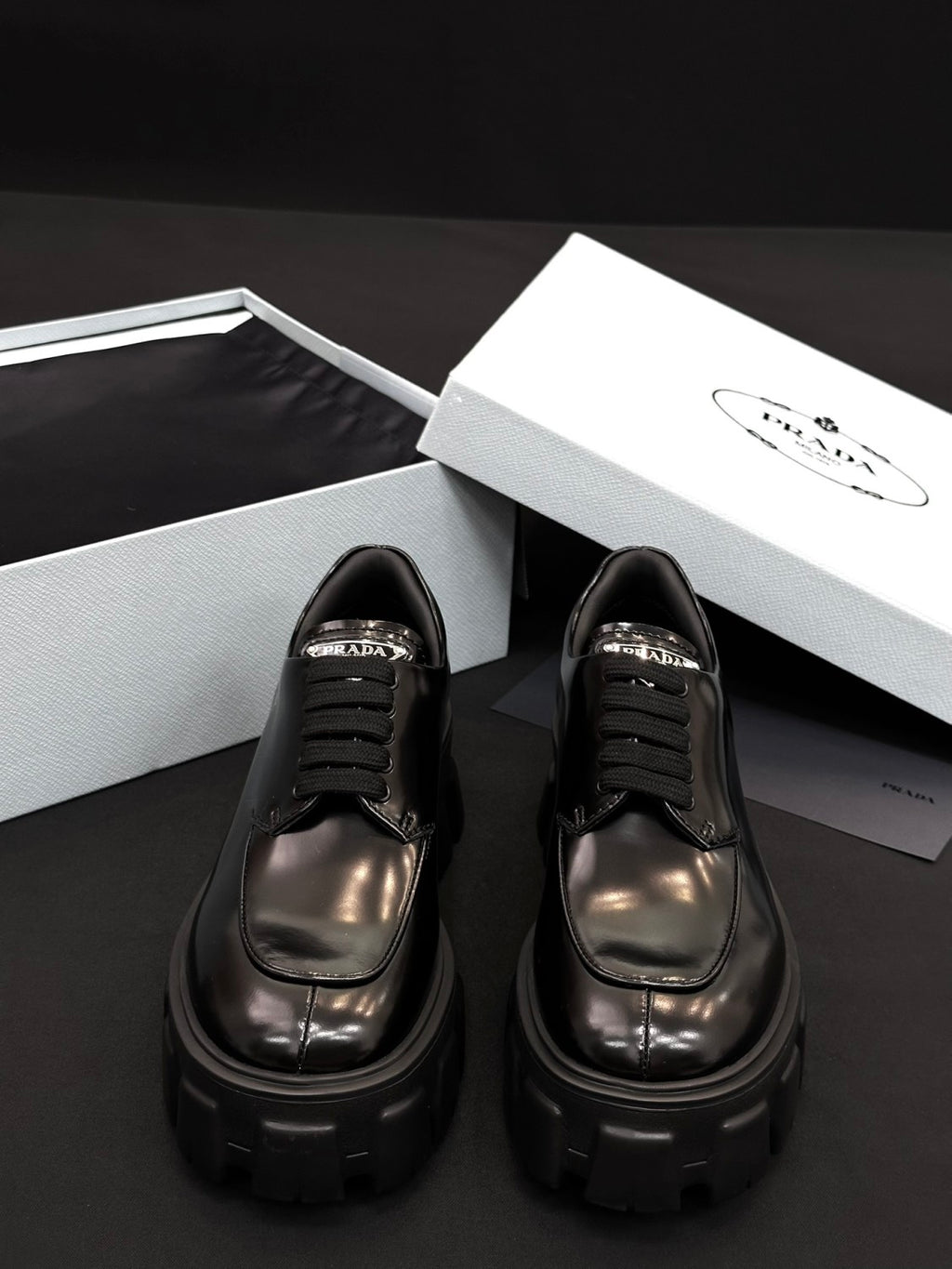 Prada Women's Spring/Fall Fashion Classic Round Toe Lace Up Slip On Triangle Logo Emblem Leather Chunky Sole Loafers Shoes #78529
