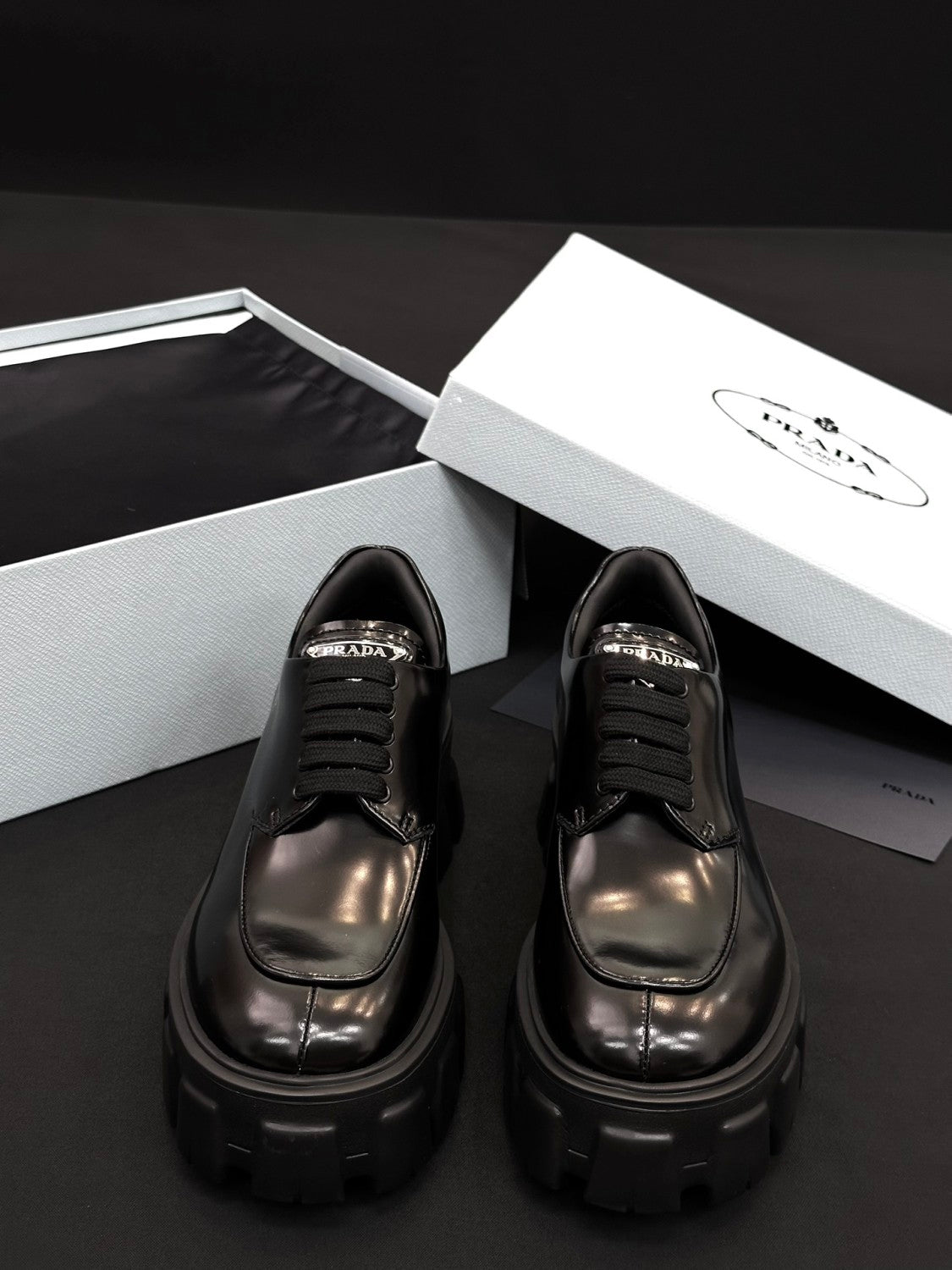 Prada Women's Spring/Fall Fashion Classic Round Toe Lace Up Slip On Triangle Logo Emblem Leather Chunky Sole Loafers Shoes #78529