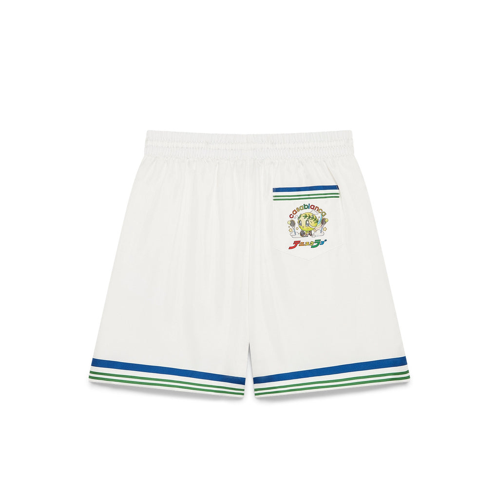 Casablanca Men's Summer Fashion Casual Doll Print Tennis Pattern Collared Single Breasted Short Sleeve Silk Shirt with Waist Elastic Silk Shorts Suit Set #78746
