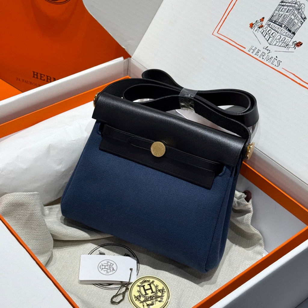 Hermes H -Mini Herbag Women's Color Blocking Metal Buckle Canvas and Cowhide Handbag Shoulder Satchel Bag Bags #76411