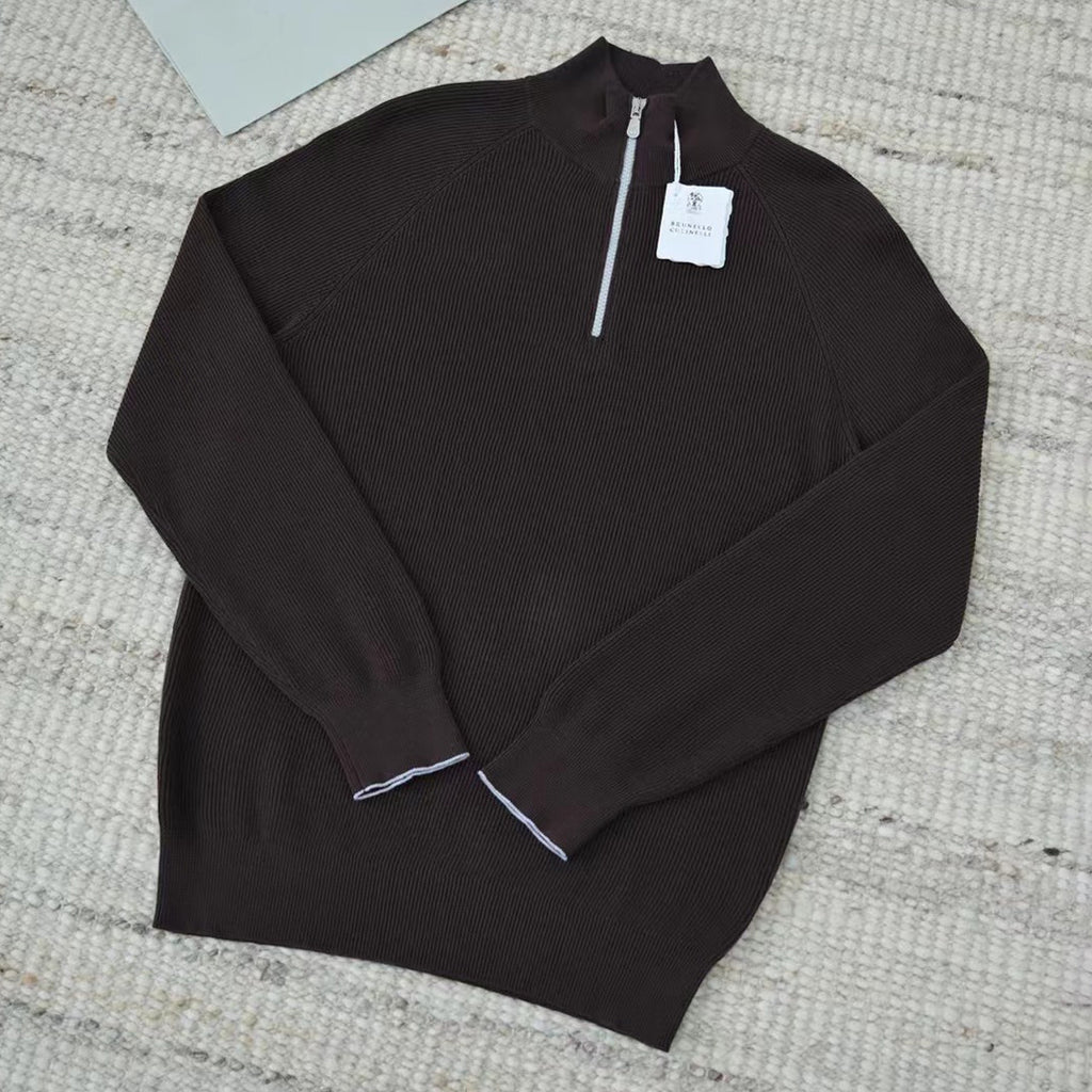 Brunello Cucinelli Men's British-Style Ribbed Cotton Knit Sweater Spring/Fall/Winter Half-Zip High-Neck Solid-Color Long-Sleeve Sweater Ngvp #2525