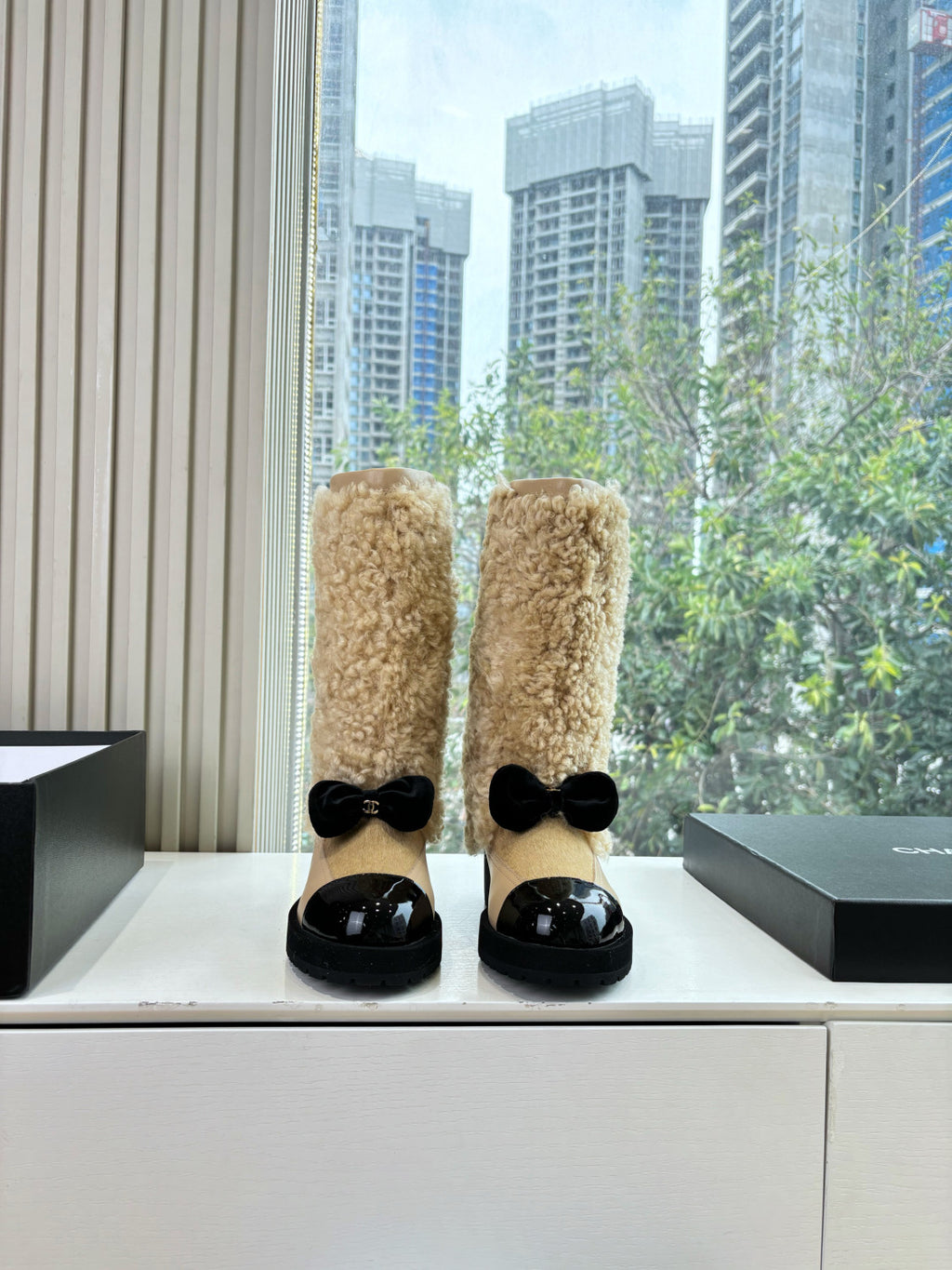 Chanel High Boots Shearling Lambskin Calfskin Lambskin Patent Calfskin Beige Black #334245