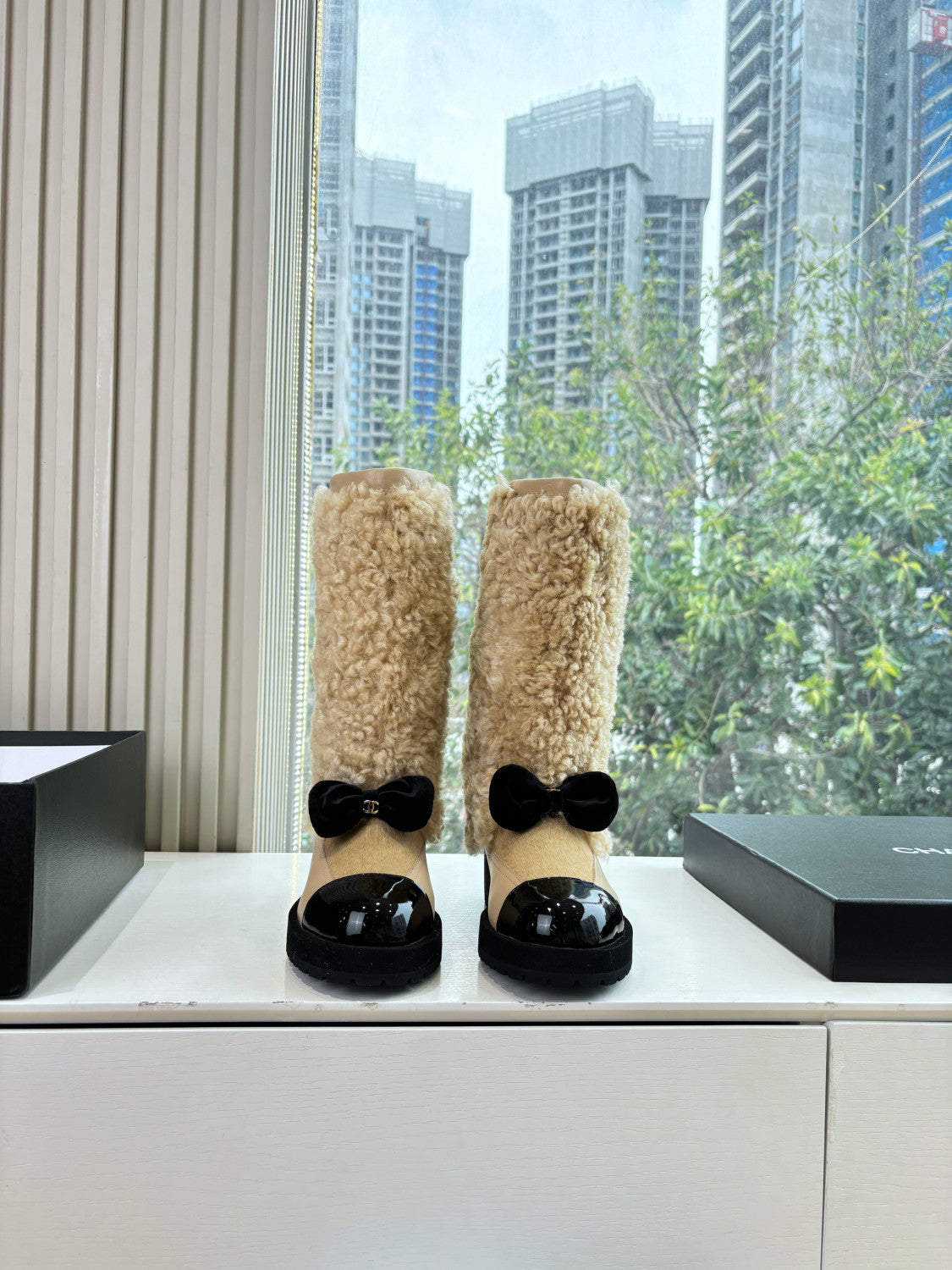 Chanel High Boots Shearling Lambskin Calfskin Lambskin Patent Calfskin Beige Black #334245