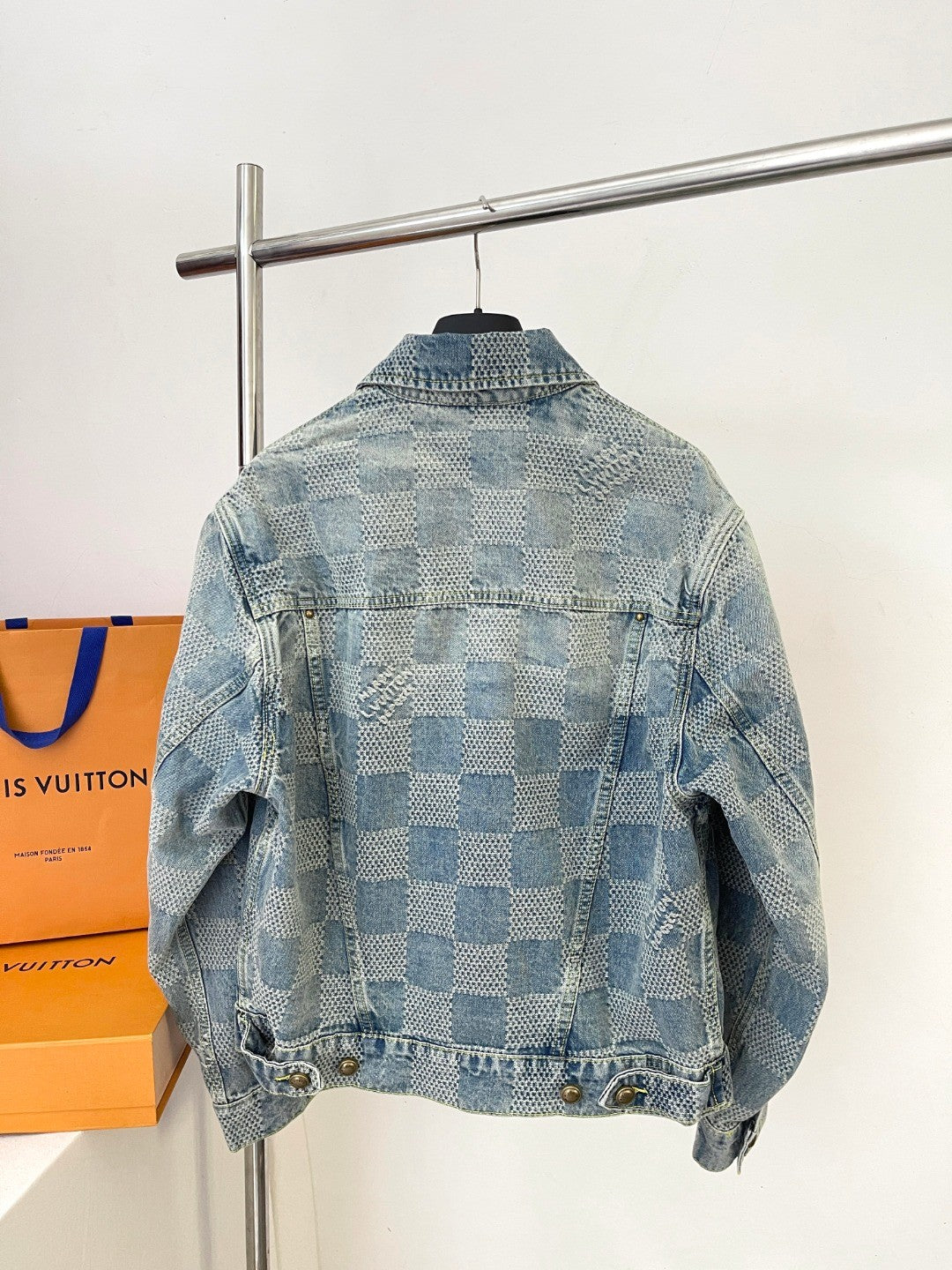 Louis Vuitton Men's Spring And Fall Checkerboard Print Single Breasted Long Sleeved Denim Jacket Button Jeans Pants Suit Set #75884