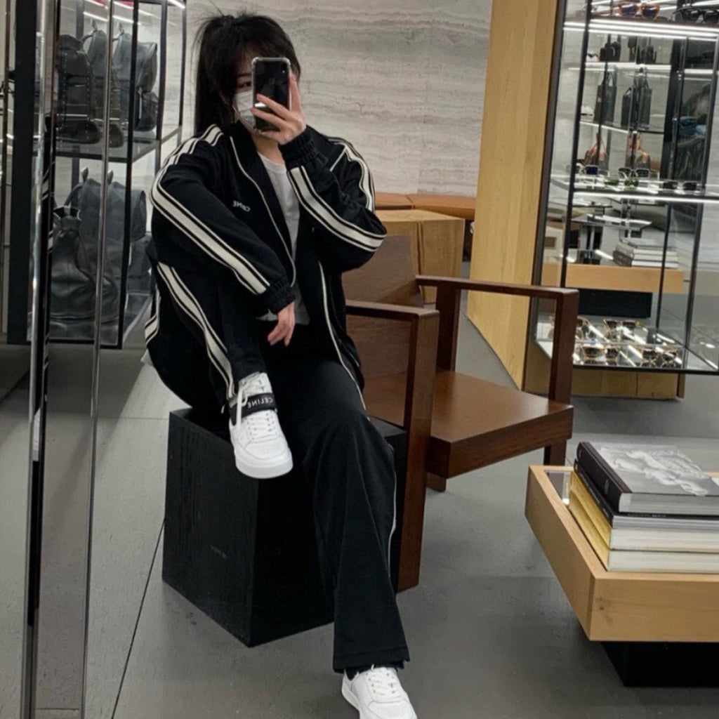 Celine Women's And Men's Spring/summer New Product Logo Sports And Casual Set Striped Letter Black Casual Loose Jacket Long Wide Leg Casual Pants #99577