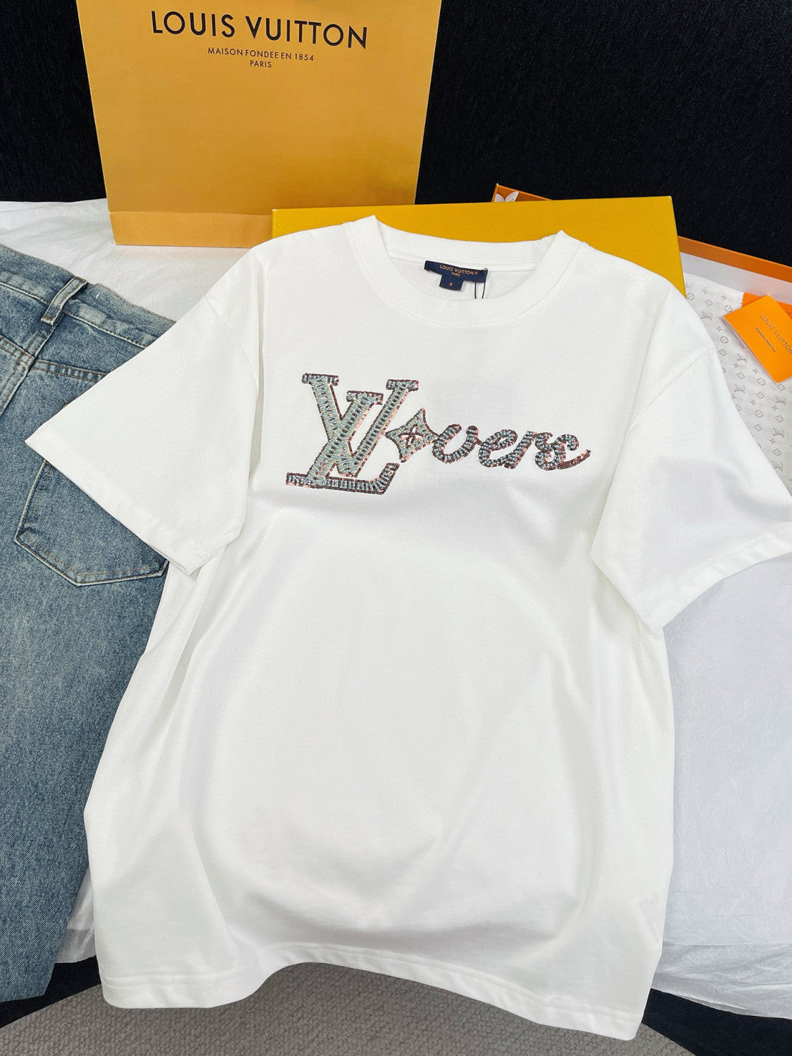 Louis Vuitton Men's Summer Logo Beaded Embroidery White Cotton Round Neck Short Sleeve T-Shirt #98378
