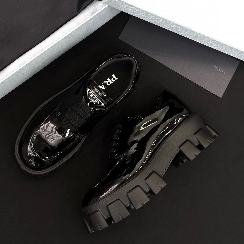 Prada Women's Spring/Fall Fashion Classic Round Toe Lace Up Slip On Triangle Logo Emblem Leather Chunky Sole Loafers Shoes #78529