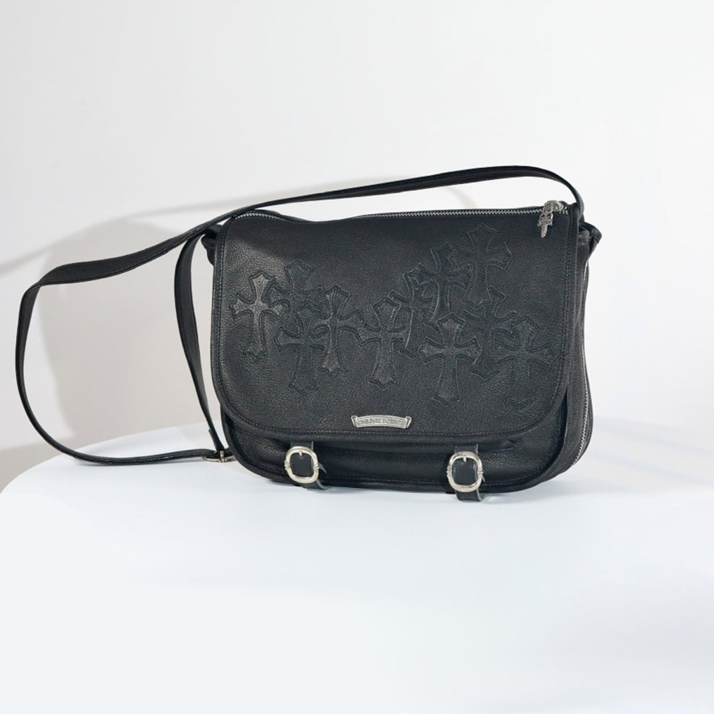Chrome Hearts  vintage Cross-stitch Flap Shoulder Bag Messenger Style Cowhide Leather 925 Sterling Silver Hardware Total Silver Weight: Approx. 116g #81943A