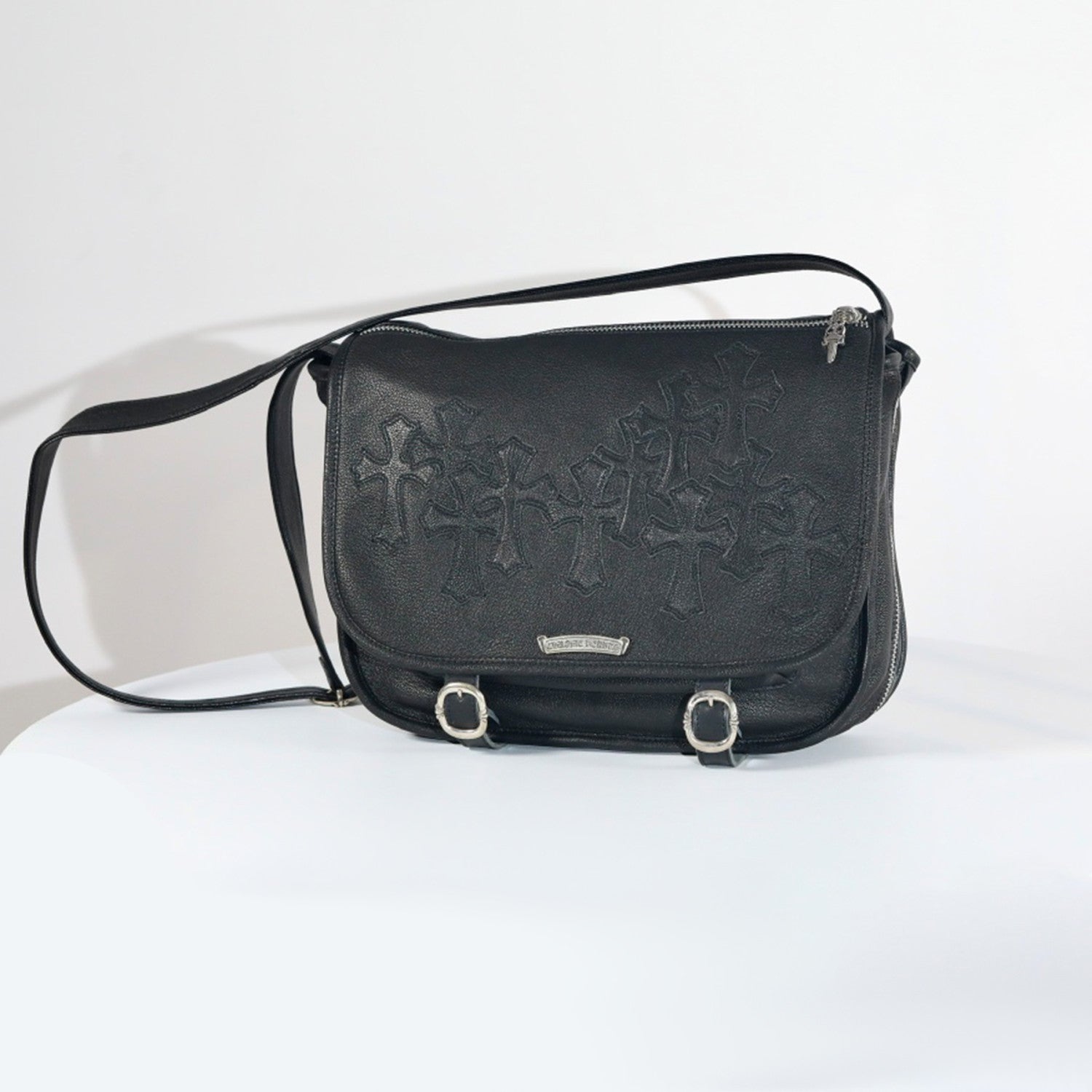 Chrome Hearts  vintage Cross-stitch Flap Shoulder Bag Messenger Style Cowhide Leather 925 Sterling Silver Hardware Total Silver Weight: Approx. 116g #81943A