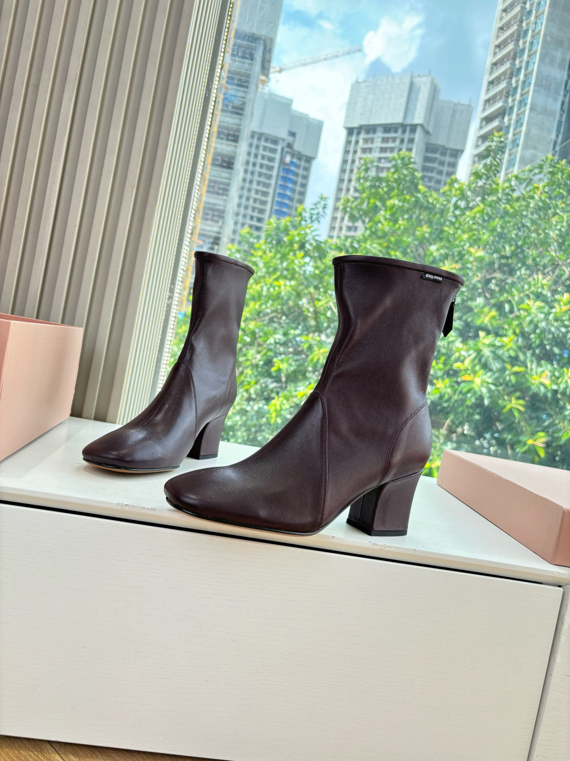 MiuMiu Nappa Women's Spring/Fall Fashion Casual Chunky Heel Leather Round Toe Slip On Zipper Ankle Boots Shoes #78717