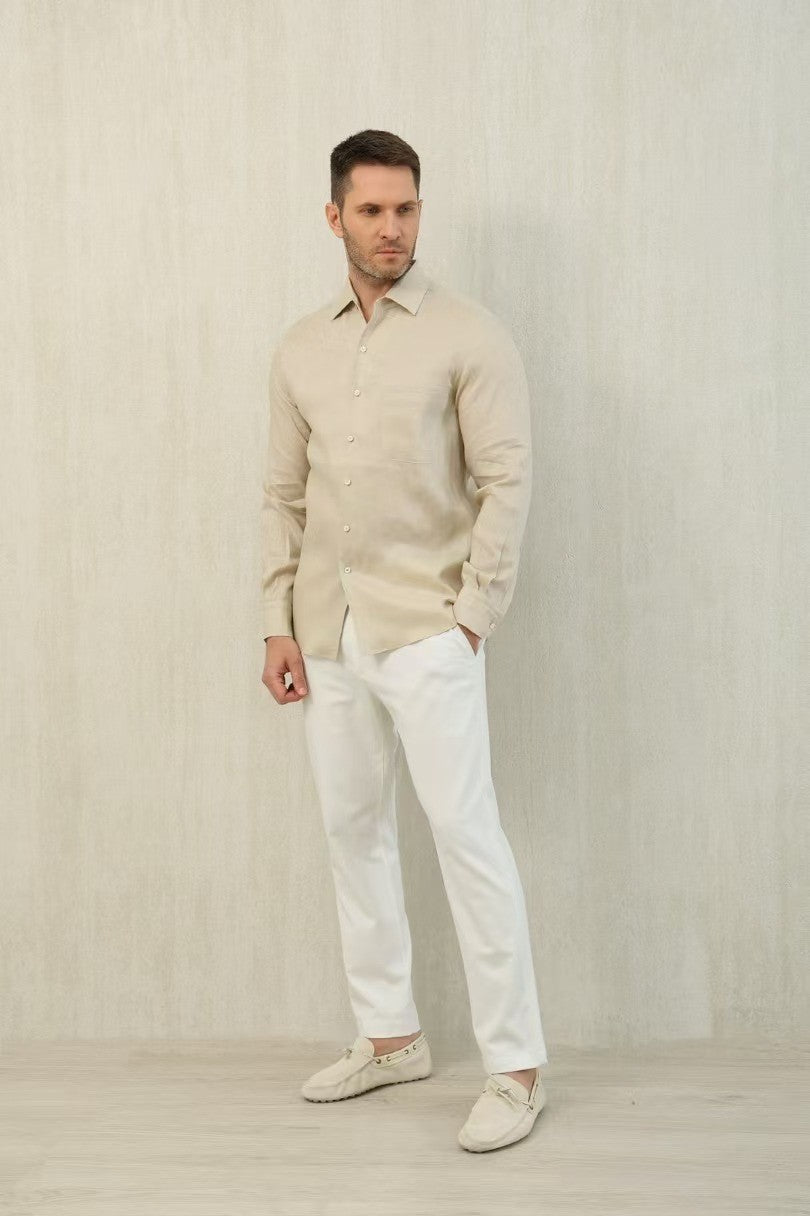 Loro Piana Men's Spring And Summer Solid Color André Shirt Lapel Single-breasted Linen Shirt Ngvp #7962
